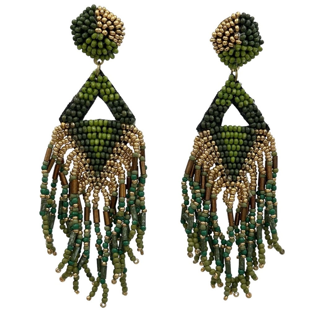 Chunky Seed Bead Tribal Green Gold Brown Statement Tassel Fringe Earrings
